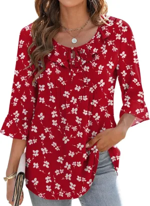 AKEWEI Womens 3/4 Length Sleeve Scoop Neck Tops Summer Tie Front Ruffle Shirts Casual Bell Sleeve Pleated Blouses 2025