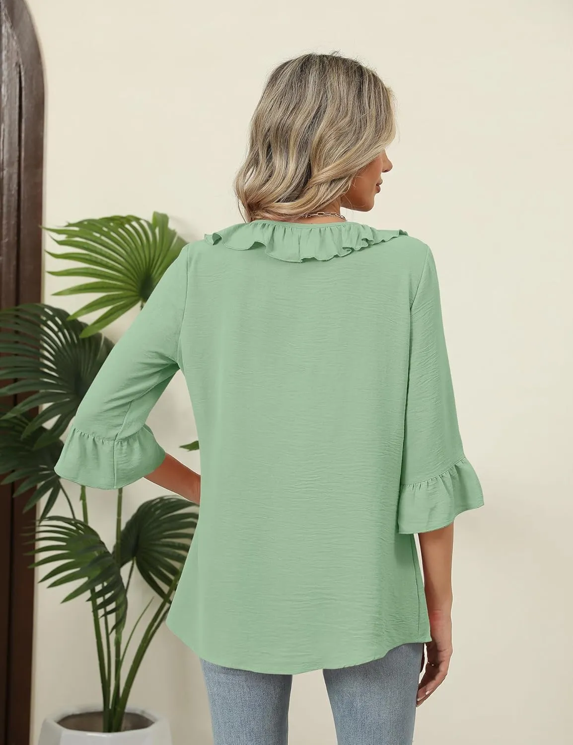 AKEWEI Womens 3/4 Length Sleeve Scoop Neck Tops Summer Tie Front Ruffle Shirts Casual Bell Sleeve Pleated Blouses 2025