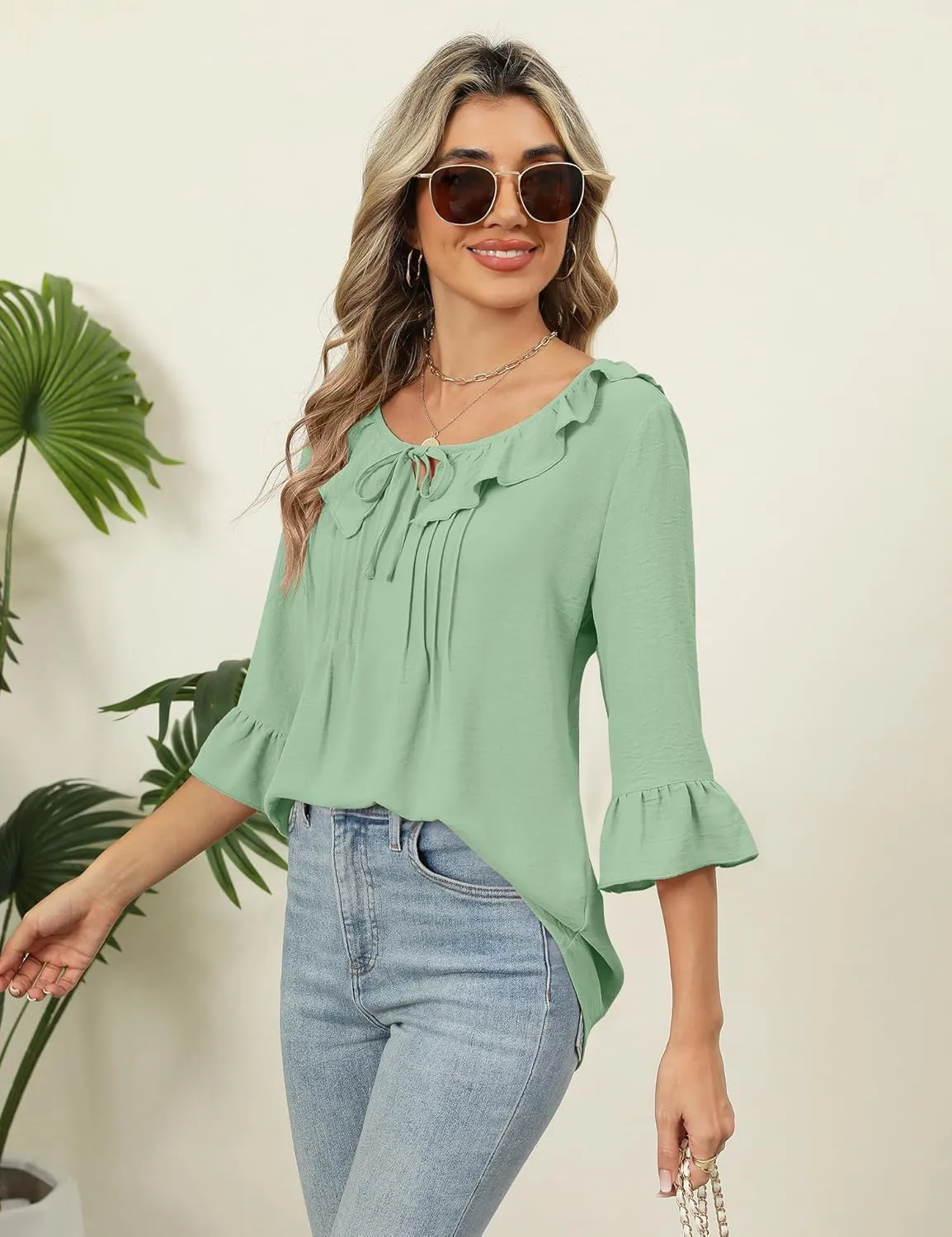 AKEWEI Womens 3/4 Length Sleeve Scoop Neck Tops Summer Tie Front Ruffle Shirts Casual Bell Sleeve Pleated Blouses 2025