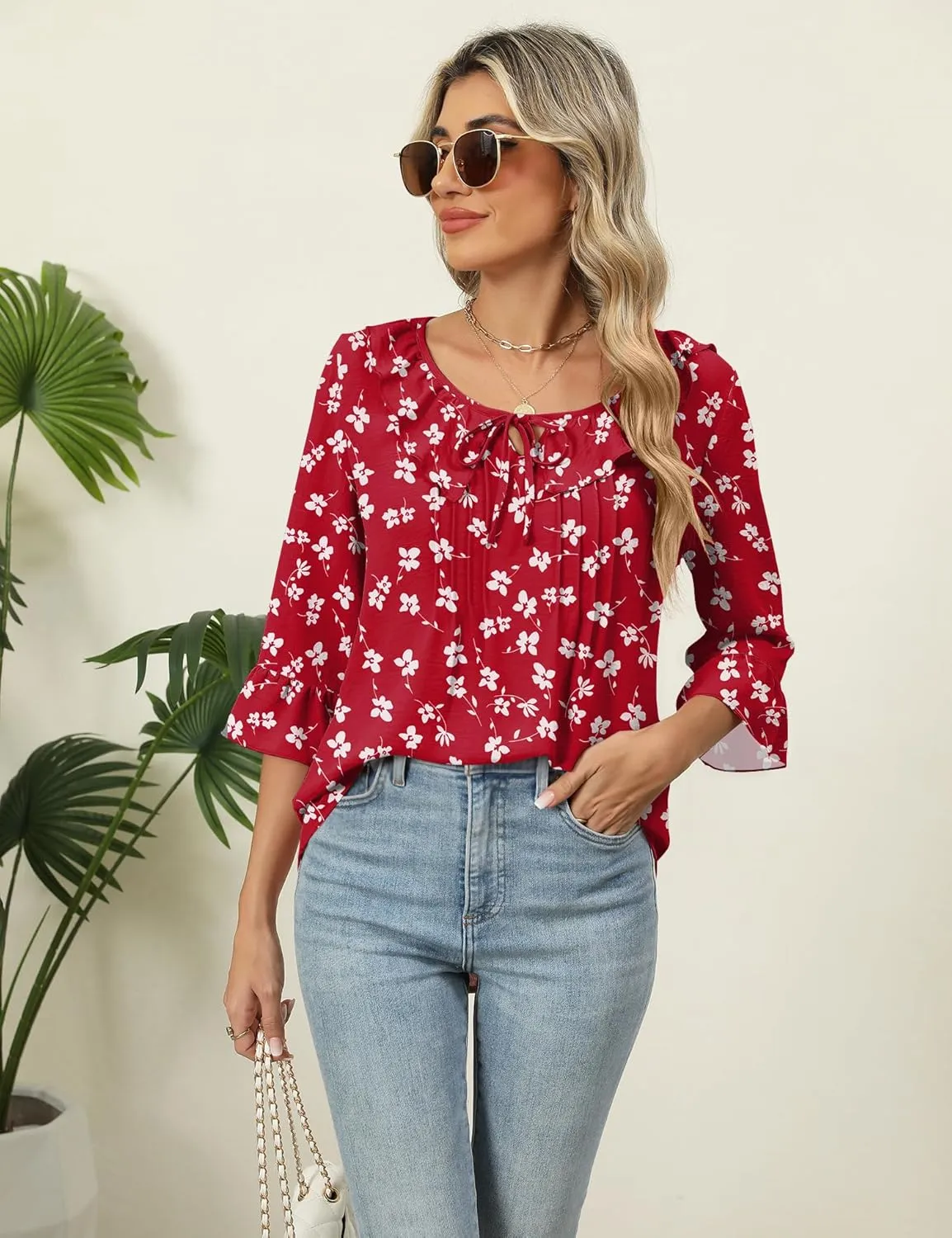 AKEWEI Womens 3/4 Length Sleeve Scoop Neck Tops Summer Tie Front Ruffle Shirts Casual Bell Sleeve Pleated Blouses 2025