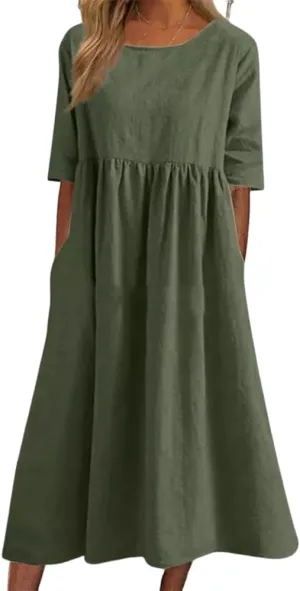 Akivide Women's Summer Cotton Linen Short Sleeve Midi Dress Casual Boho Beach Vacation Long Tshirt Dress with Pockets