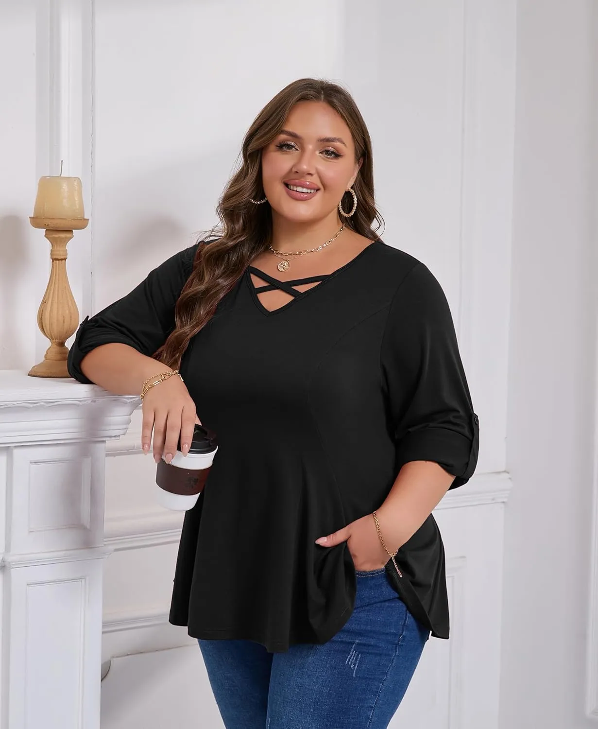 AMCLOS Womens Plus Size Tops 3/4 Roll up Sleeve Tunic V Neck Crossover T-Shirts Casual Flowy Pleated Blouses Summer 2025
