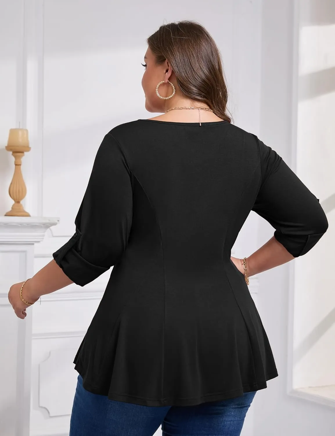 AMCLOS Womens Plus Size Tops 3/4 Roll up Sleeve Tunic V Neck Crossover T-Shirts Casual Flowy Pleated Blouses Summer 2025