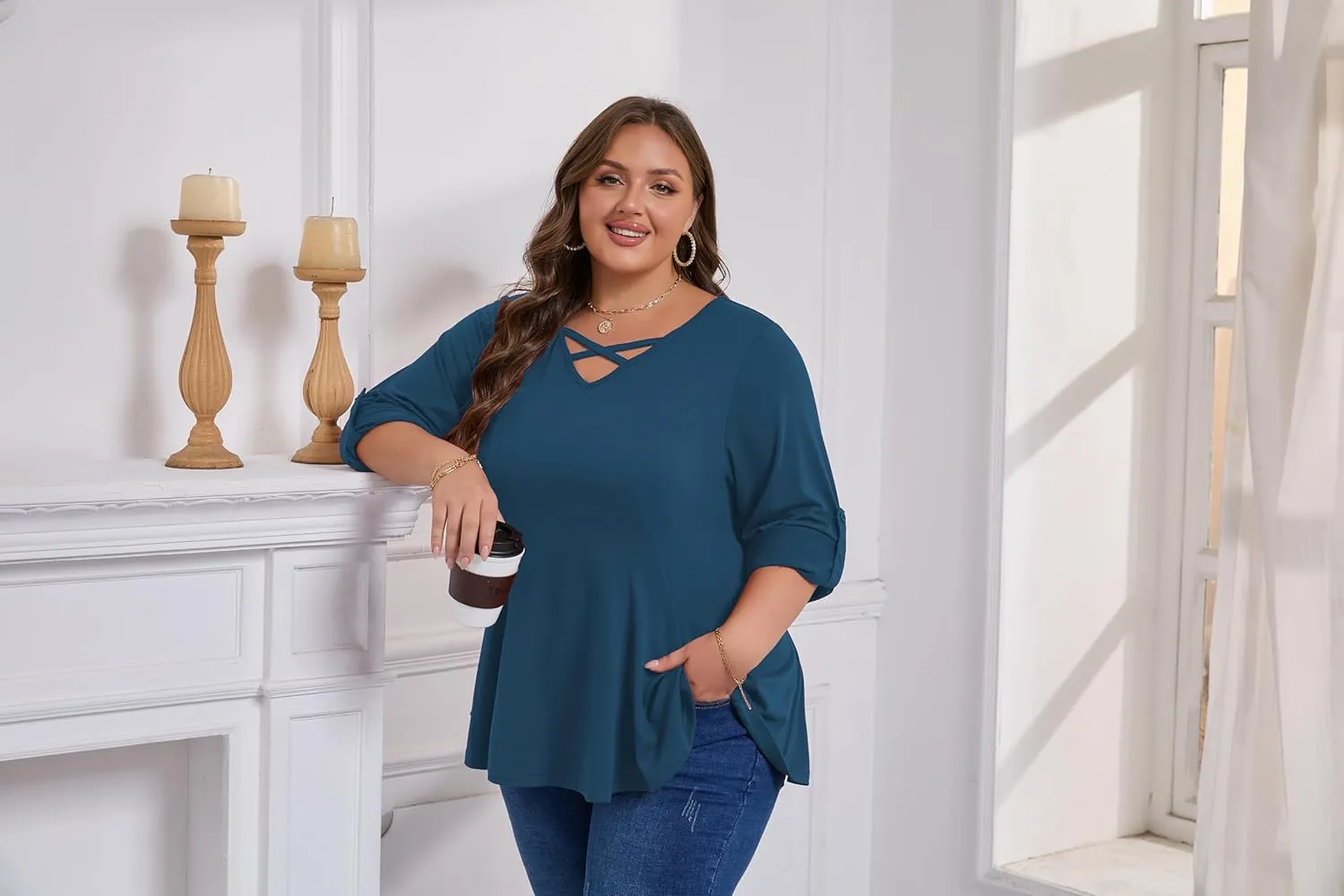 AMCLOS Womens Plus Size Tops 3/4 Roll up Sleeve Tunic V Neck Crossover T-Shirts Casual Flowy Pleated Blouses Summer 2025