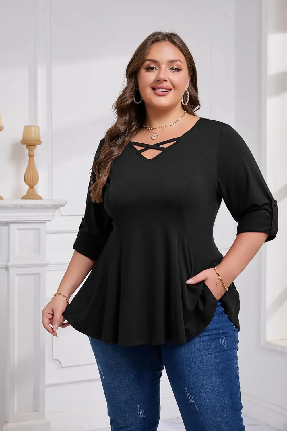 AMCLOS Womens Plus Size Tops 3/4 Roll up Sleeve Tunic V Neck Crossover T-Shirts Casual Flowy Pleated Blouses Summer 2025