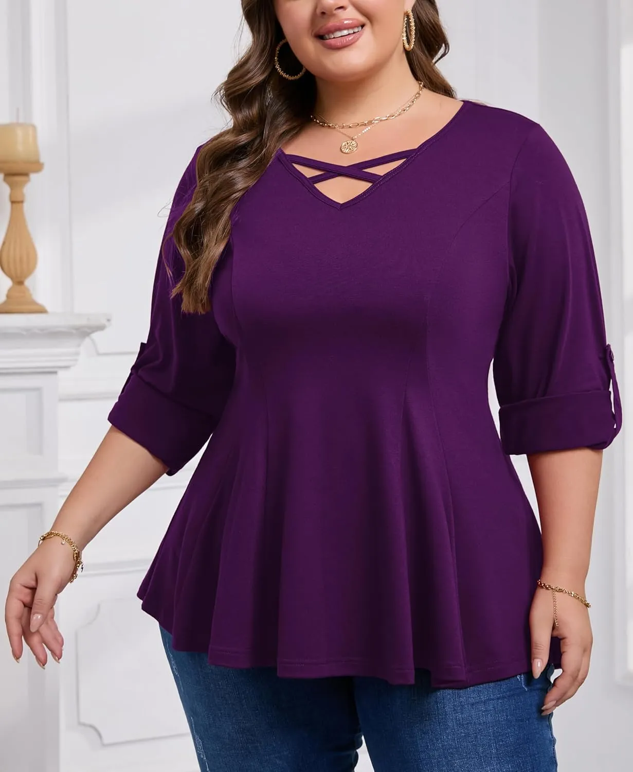AMCLOS Womens Plus Size Tops 3/4 Roll up Sleeve Tunic V Neck Crossover T-Shirts Casual Flowy Pleated Blouses Summer 2025