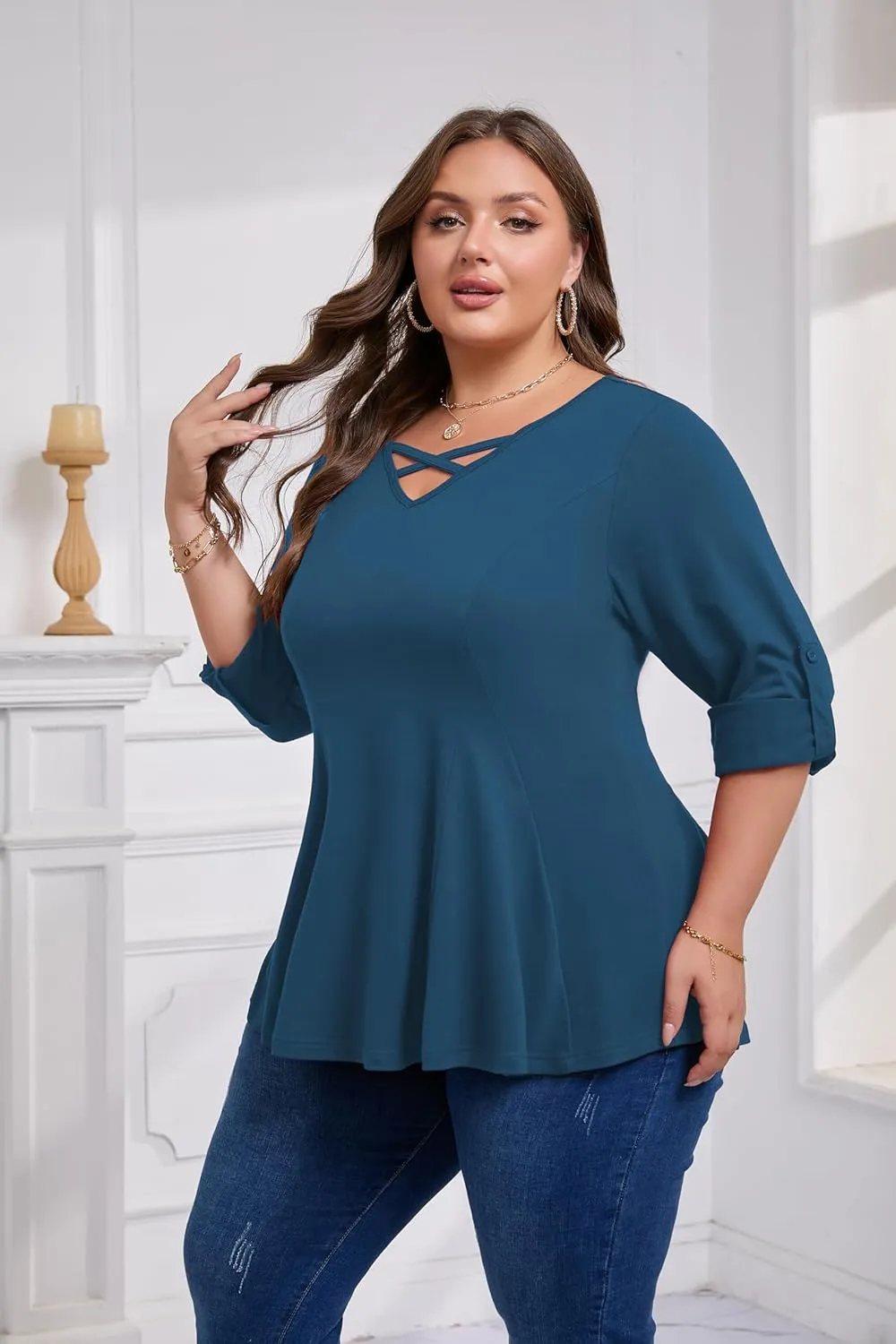 AMCLOS Womens Plus Size Tops 3/4 Roll up Sleeve Tunic V Neck Crossover T-Shirts Casual Flowy Pleated Blouses Summer 2025
