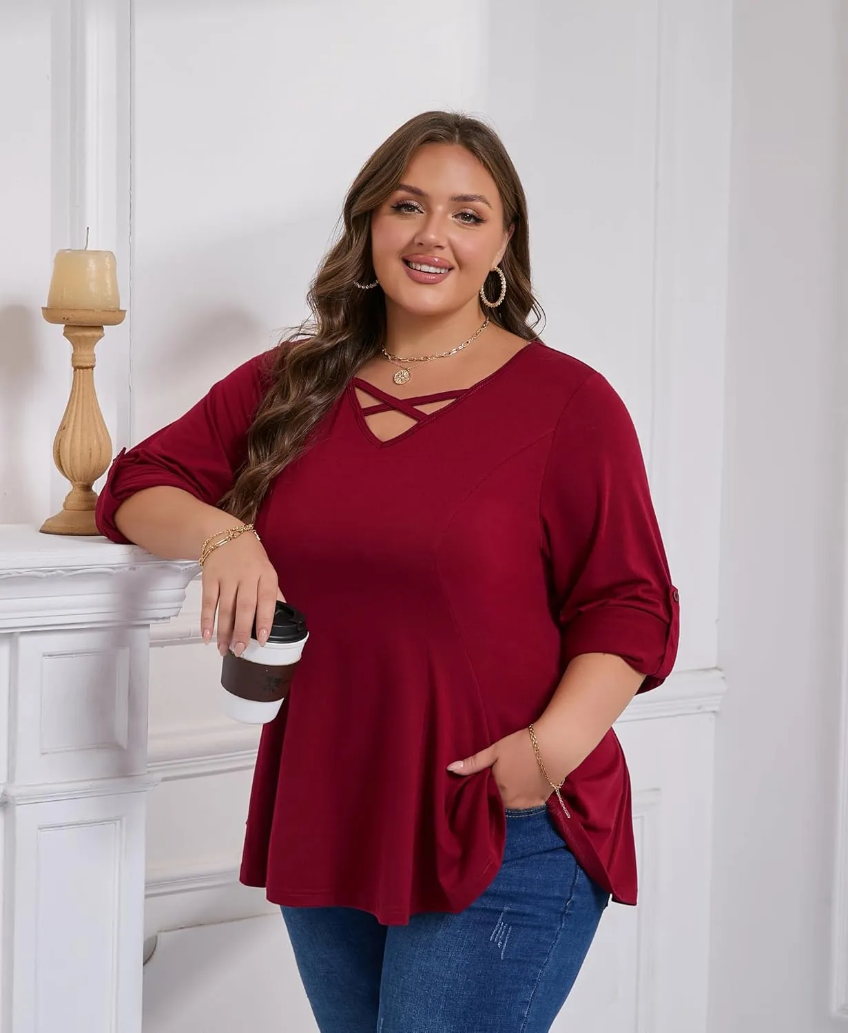 AMCLOS Womens Plus Size Tops 3/4 Roll up Sleeve Tunic V Neck Crossover T-Shirts Casual Flowy Pleated Blouses Summer 2025