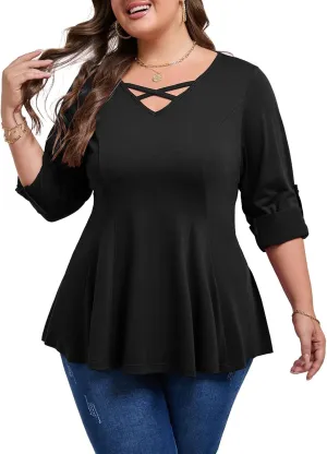 AMCLOS Womens Plus Size Tops 3/4 Roll up Sleeve Tunic V Neck Crossover T-Shirts Casual Flowy Pleated Blouses Summer 2025