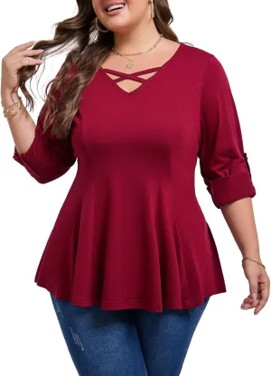 AMCLOS Womens Plus Size Tops 3/4 Roll up Sleeve Tunic V Neck Crossover T-Shirts Casual Flowy Pleated Blouses Summer 2025