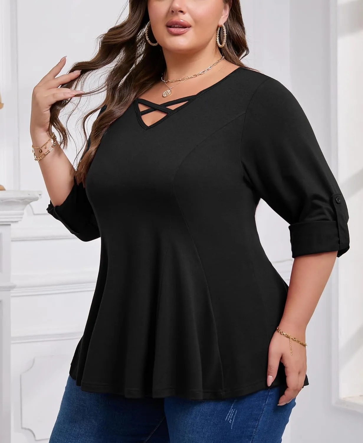 AMCLOS Womens Plus Size Tops 3/4 Roll up Sleeve Tunic V Neck Crossover T-Shirts Casual Flowy Pleated Blouses Summer 2025