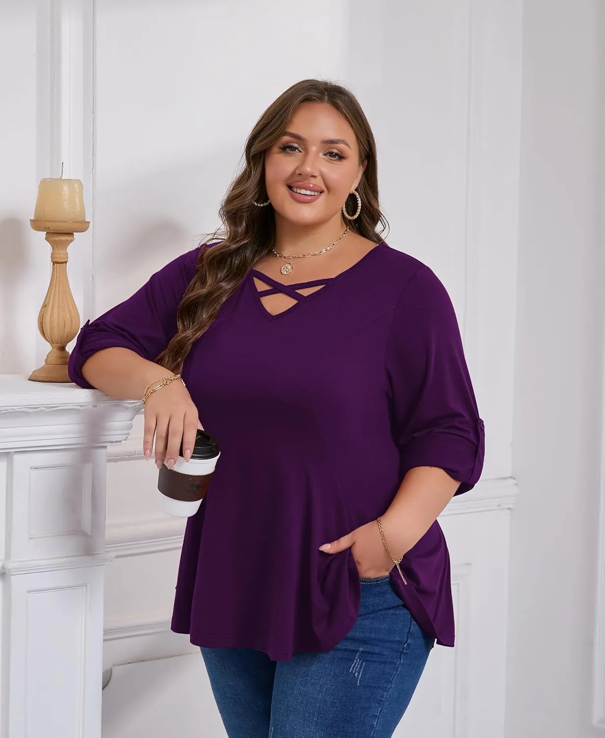 AMCLOS Womens Plus Size Tops 3/4 Roll up Sleeve Tunic V Neck Crossover T-Shirts Casual Flowy Pleated Blouses Summer 2025