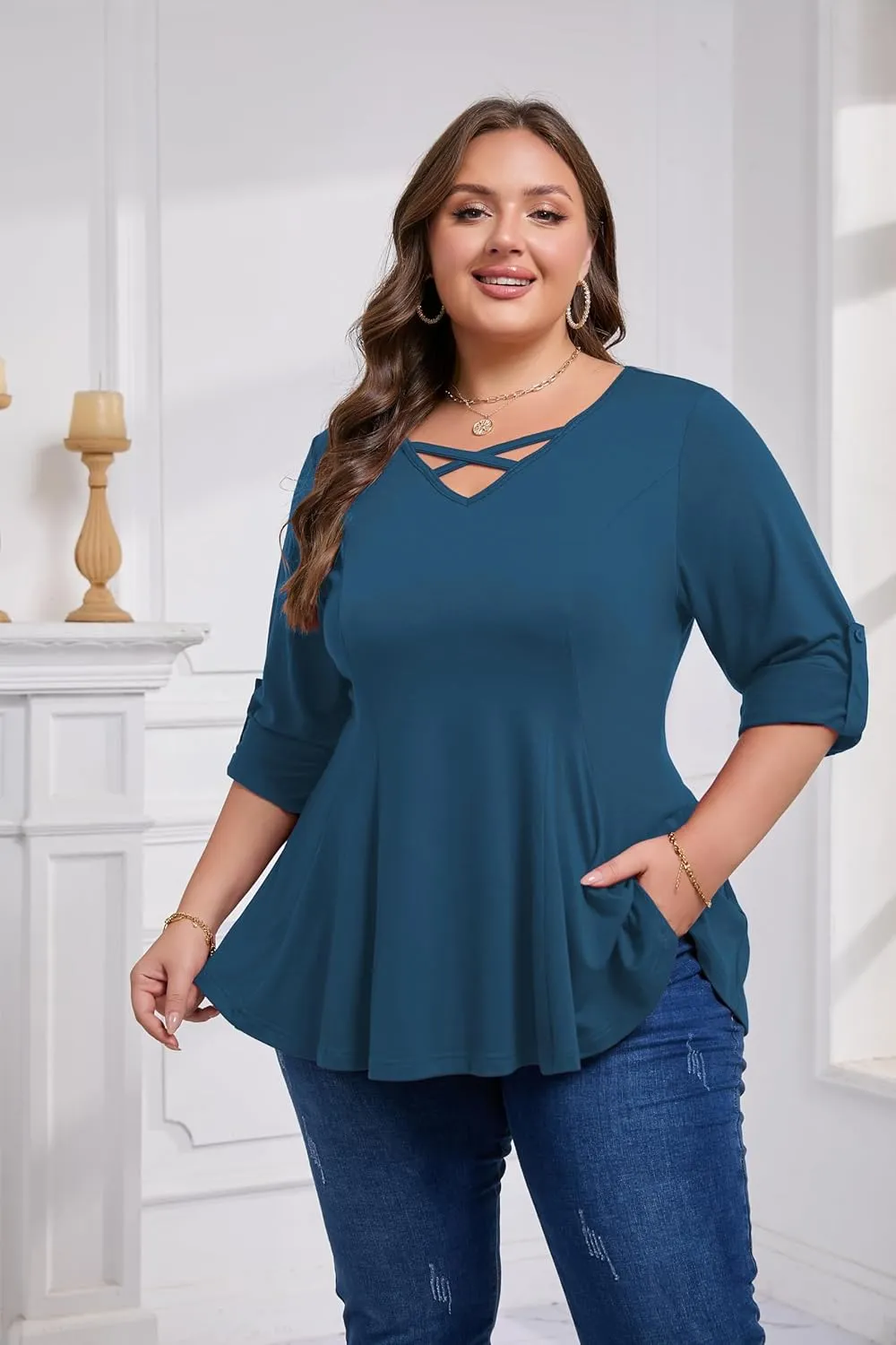 AMCLOS Womens Plus Size Tops 3/4 Roll up Sleeve Tunic V Neck Crossover T-Shirts Casual Flowy Pleated Blouses Summer 2025