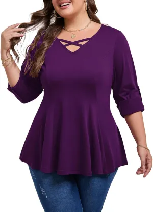 AMCLOS Womens Plus Size Tops 3/4 Roll up Sleeve Tunic V Neck Crossover T-Shirts Casual Flowy Pleated Blouses Summer 2025