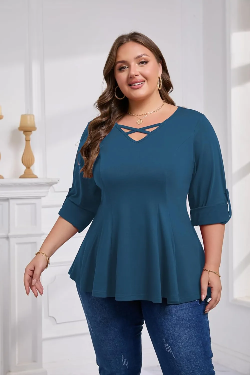 AMCLOS Womens Plus Size Tops 3/4 Roll up Sleeve Tunic V Neck Crossover T-Shirts Casual Flowy Pleated Blouses Summer 2025