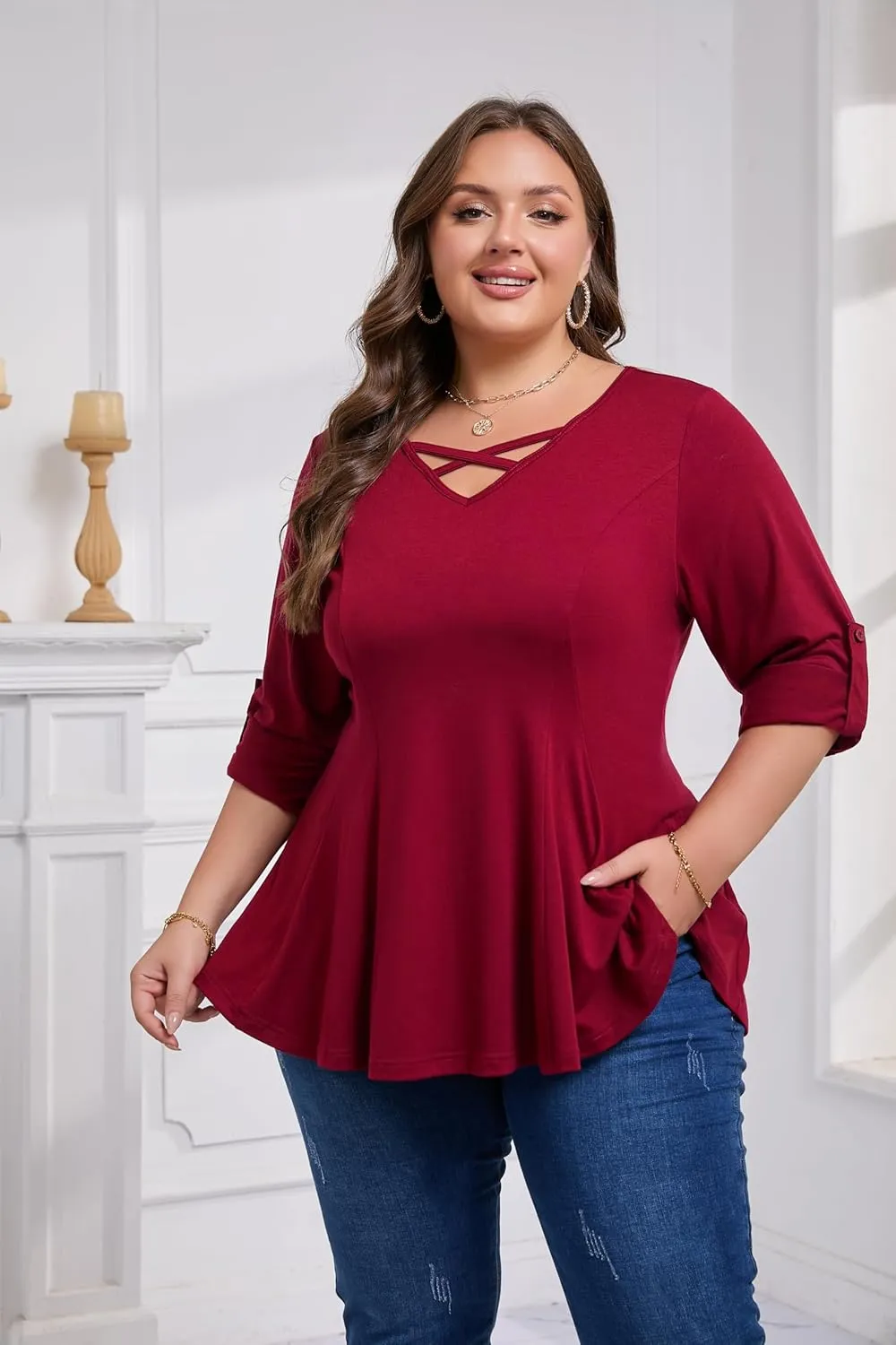 AMCLOS Womens Plus Size Tops 3/4 Roll up Sleeve Tunic V Neck Crossover T-Shirts Casual Flowy Pleated Blouses Summer 2025