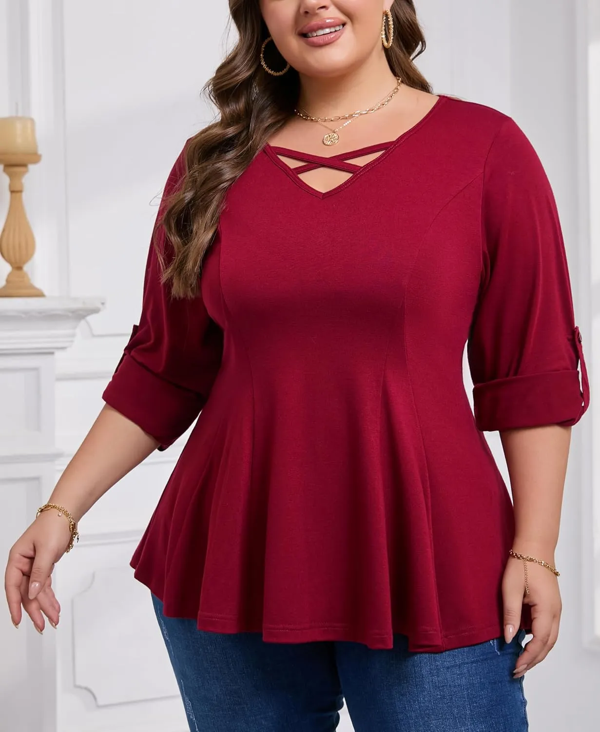 AMCLOS Womens Plus Size Tops 3/4 Roll up Sleeve Tunic V Neck Crossover T-Shirts Casual Flowy Pleated Blouses Summer 2025