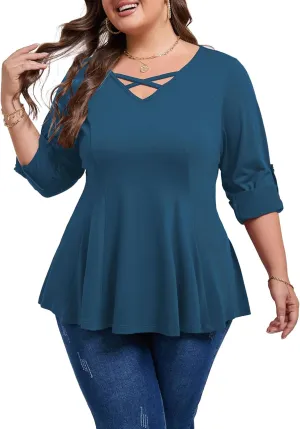 AMCLOS Womens Plus Size Tops 3/4 Roll up Sleeve Tunic V Neck Crossover T-Shirts Casual Flowy Pleated Blouses Summer 2025