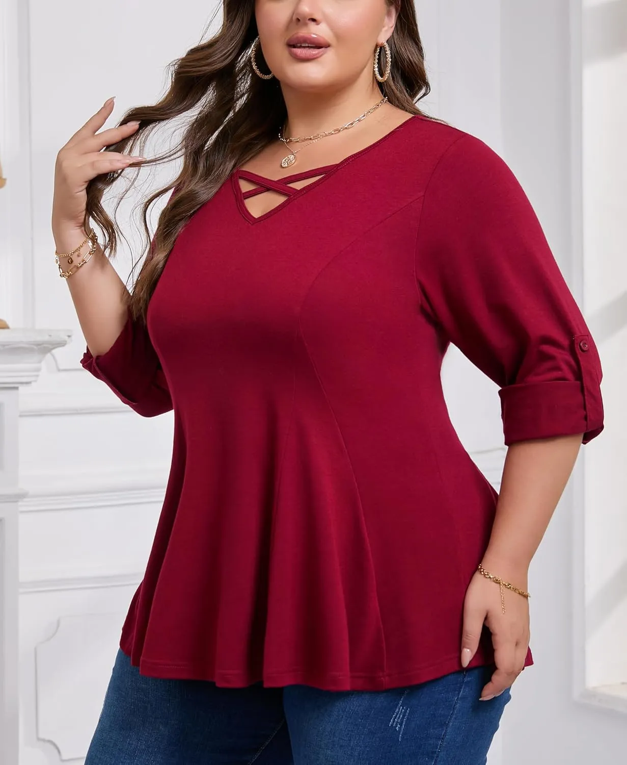 AMCLOS Womens Plus Size Tops 3/4 Roll up Sleeve Tunic V Neck Crossover T-Shirts Casual Flowy Pleated Blouses Summer 2025