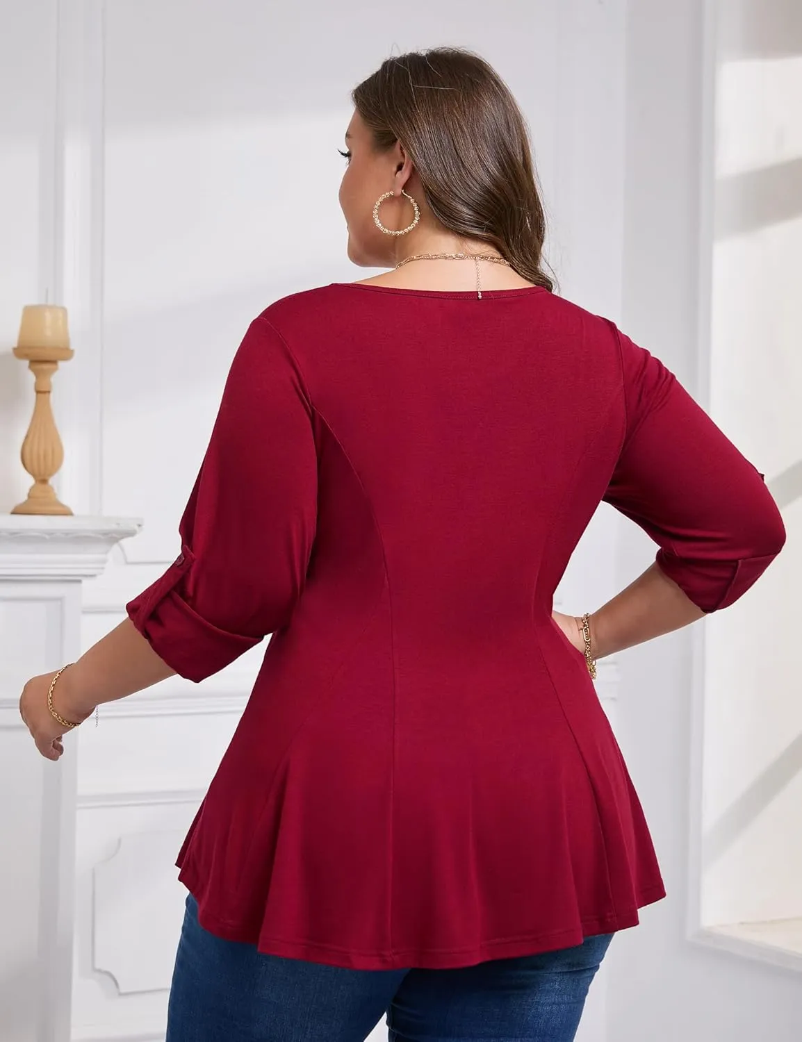 AMCLOS Womens Plus Size Tops 3/4 Roll up Sleeve Tunic V Neck Crossover T-Shirts Casual Flowy Pleated Blouses Summer 2025