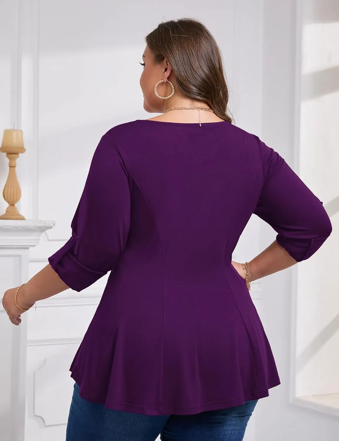AMCLOS Womens Plus Size Tops 3/4 Roll up Sleeve Tunic V Neck Crossover T-Shirts Casual Flowy Pleated Blouses Summer 2025