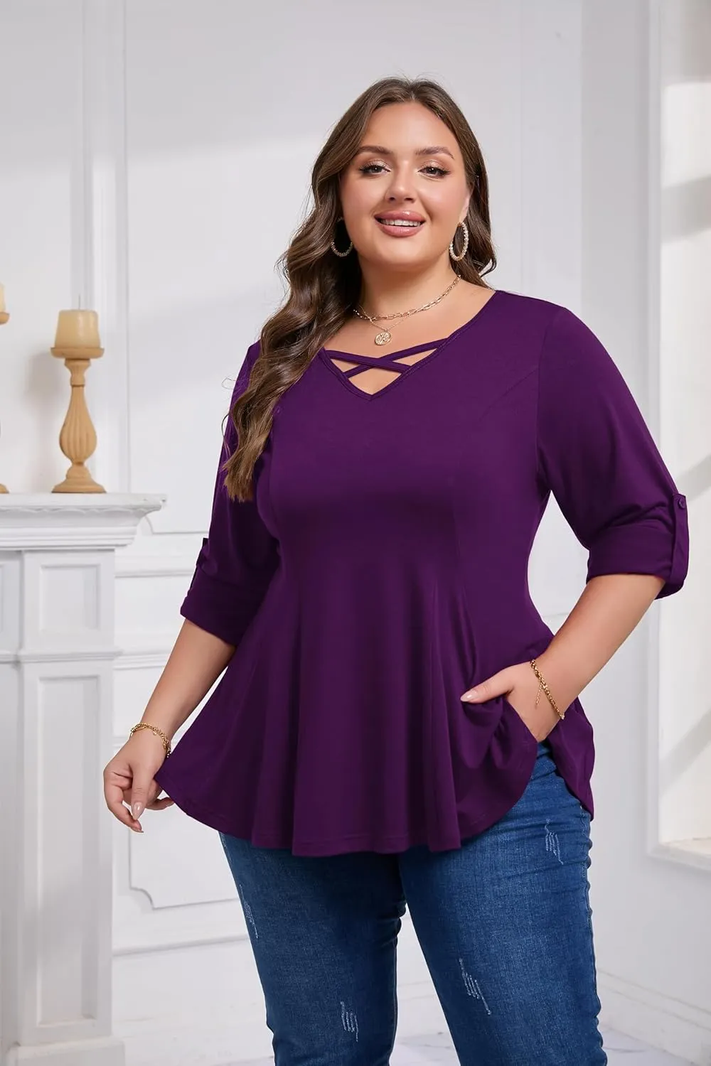 AMCLOS Womens Plus Size Tops 3/4 Roll up Sleeve Tunic V Neck Crossover T-Shirts Casual Flowy Pleated Blouses Summer 2025