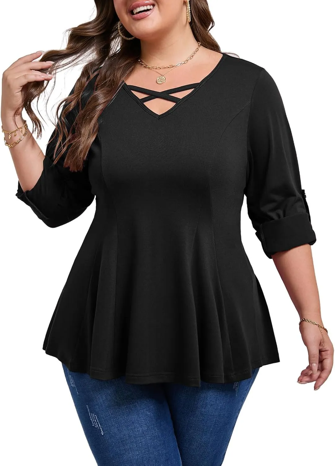 AMCLOS Womens Plus Size Tops 3/4 Roll up Sleeve Tunic V Neck Crossover T-Shirts Casual Flowy Pleated Blouses Summer 2025