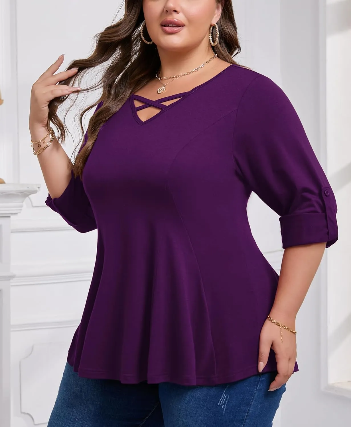 AMCLOS Womens Plus Size Tops 3/4 Roll up Sleeve Tunic V Neck Crossover T-Shirts Casual Flowy Pleated Blouses Summer 2025