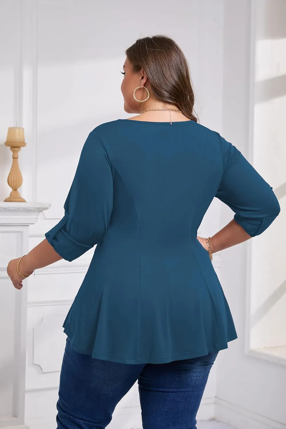 AMCLOS Womens Plus Size Tops 3/4 Roll up Sleeve Tunic V Neck Crossover T-Shirts Casual Flowy Pleated Blouses Summer 2025