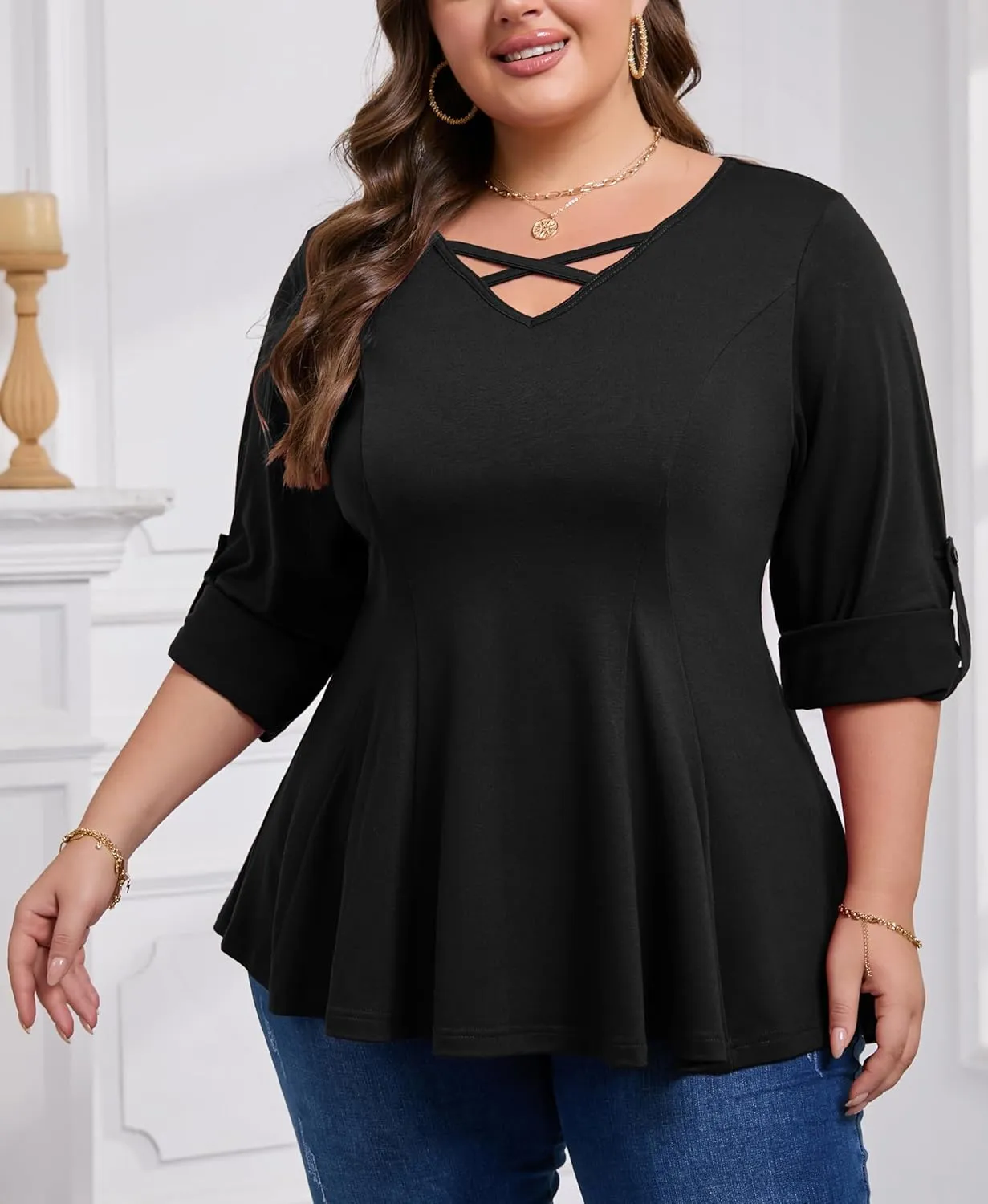 AMCLOS Womens Plus Size Tops 3/4 Roll up Sleeve Tunic V Neck Crossover T-Shirts Casual Flowy Pleated Blouses Summer 2025