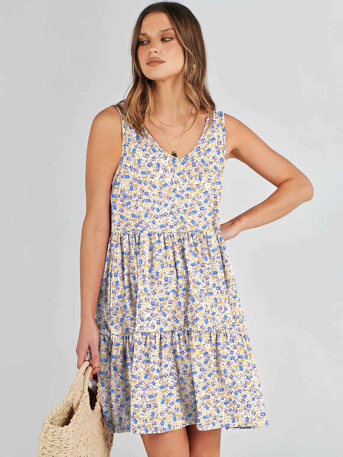 ANRABESS Womens Summer Casual Tank Dress Sleeveless V Neck T Shirt Sundress Flowy Tiered Swing Mini Beach Vacation Dresses