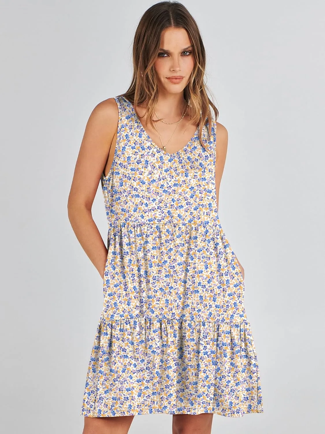 ANRABESS Womens Summer Casual Tank Dress Sleeveless V Neck T Shirt Sundress Flowy Tiered Swing Mini Beach Vacation Dresses