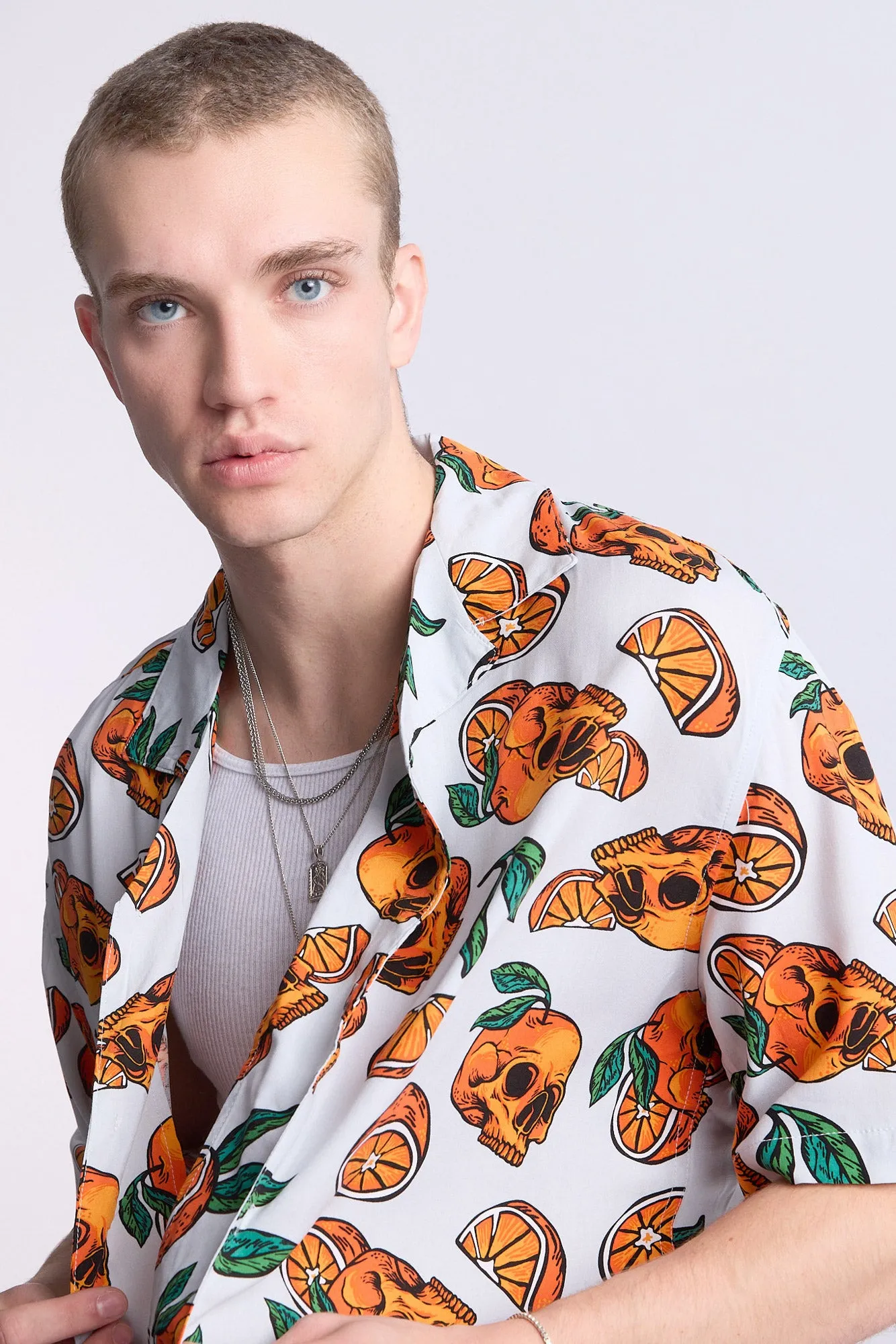 Arsenic Mens Orange Skulls Button-Up