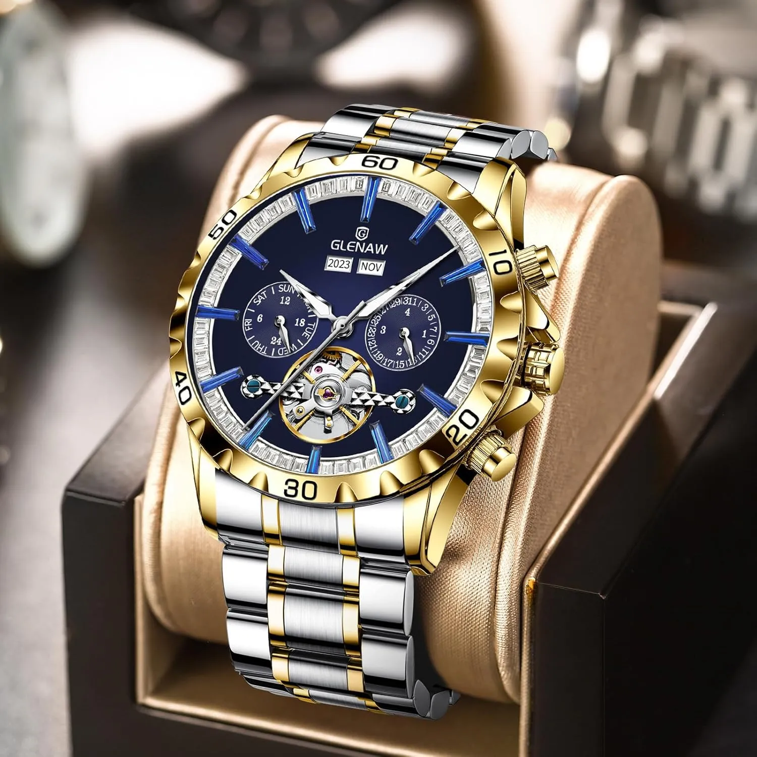 Automatic Mechanical Watch Skeleton Stainless 30M Waterproof Watches Diamond Dial Business Casual Fashion