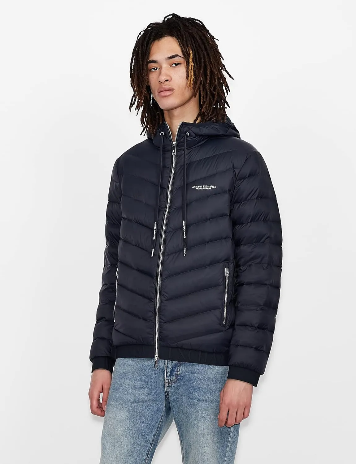 AX ARMANI EXCHANGE Men's Hooded Quilted Down Milano/New York Logo Zip-up Jacket