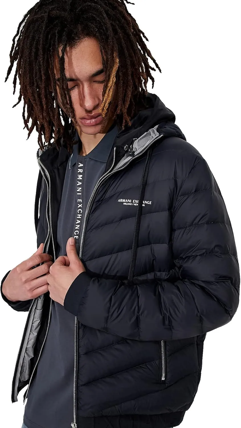 AX ARMANI EXCHANGE Men's Hooded Quilted Down Milano/New York Logo Zip-up Jacket