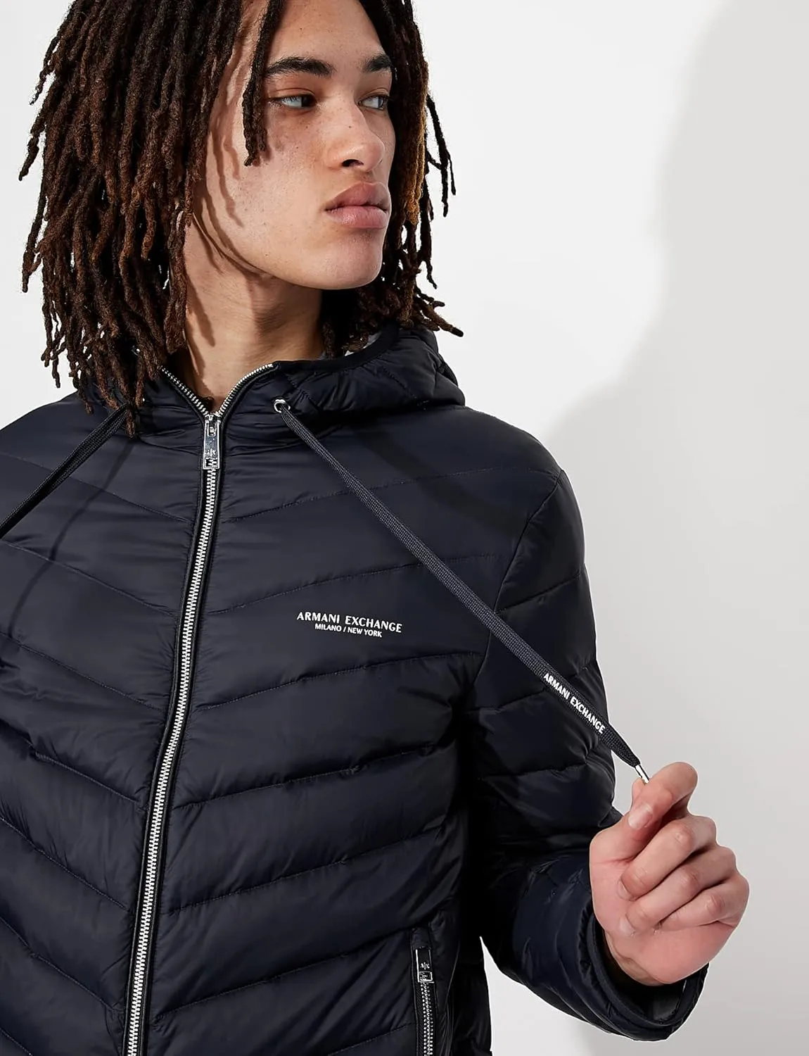AX ARMANI EXCHANGE Men's Hooded Quilted Down Milano/New York Logo Zip-up Jacket