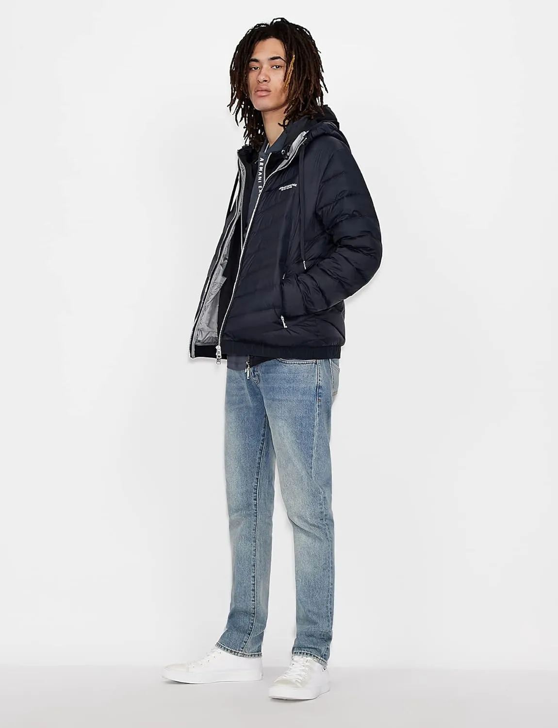 AX ARMANI EXCHANGE Men's Hooded Quilted Down Milano/New York Logo Zip-up Jacket