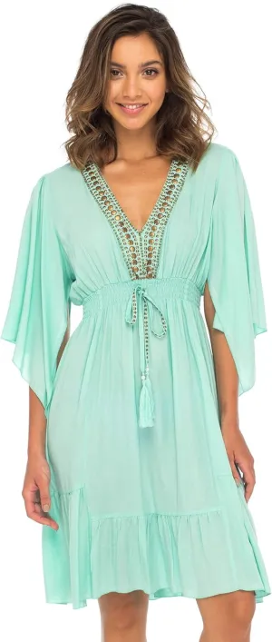 Back From Bali Womens Short Sundress Flowy Boho Beach Dress with Beaded Deep V Neck, Casual Sexy Summer Party Dress