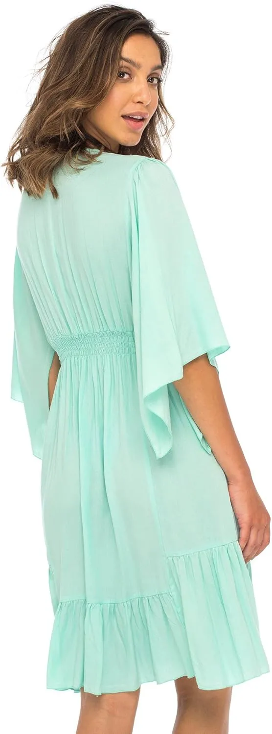 Back From Bali Womens Short Sundress Flowy Boho Beach Dress with Beaded Deep V Neck, Casual Sexy Summer Party Dress