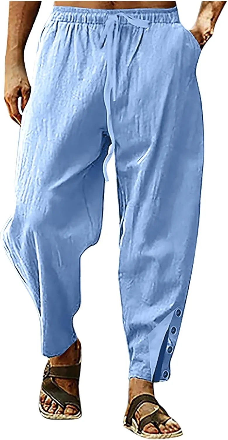 Baggy Linen Pants Men Drawstring Tapered Pants Elastic Waist Trousers Casual Summer Lounge Pants Lightweight Pants