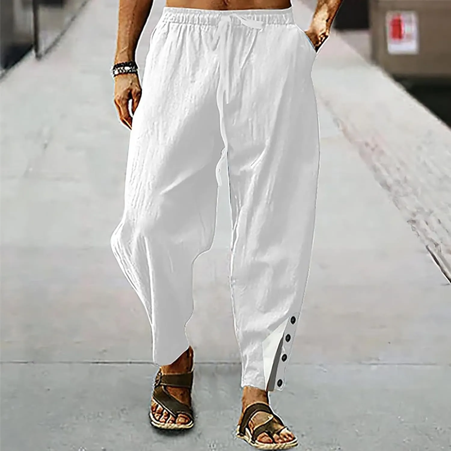 Baggy Linen Pants Men Drawstring Tapered Pants Elastic Waist Trousers Casual Summer Lounge Pants Lightweight Pants