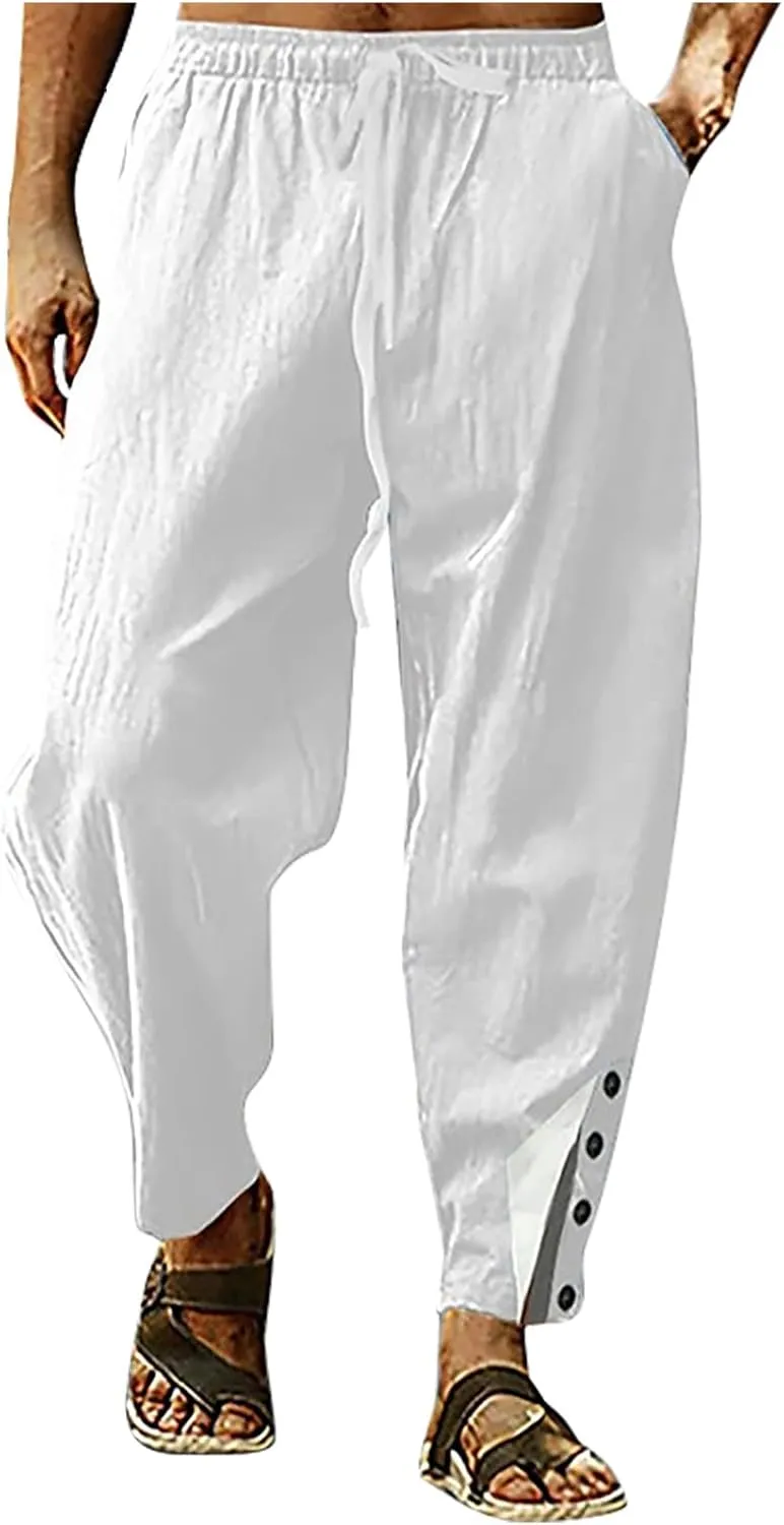 Baggy Linen Pants Men Drawstring Tapered Pants Elastic Waist Trousers Casual Summer Lounge Pants Lightweight Pants