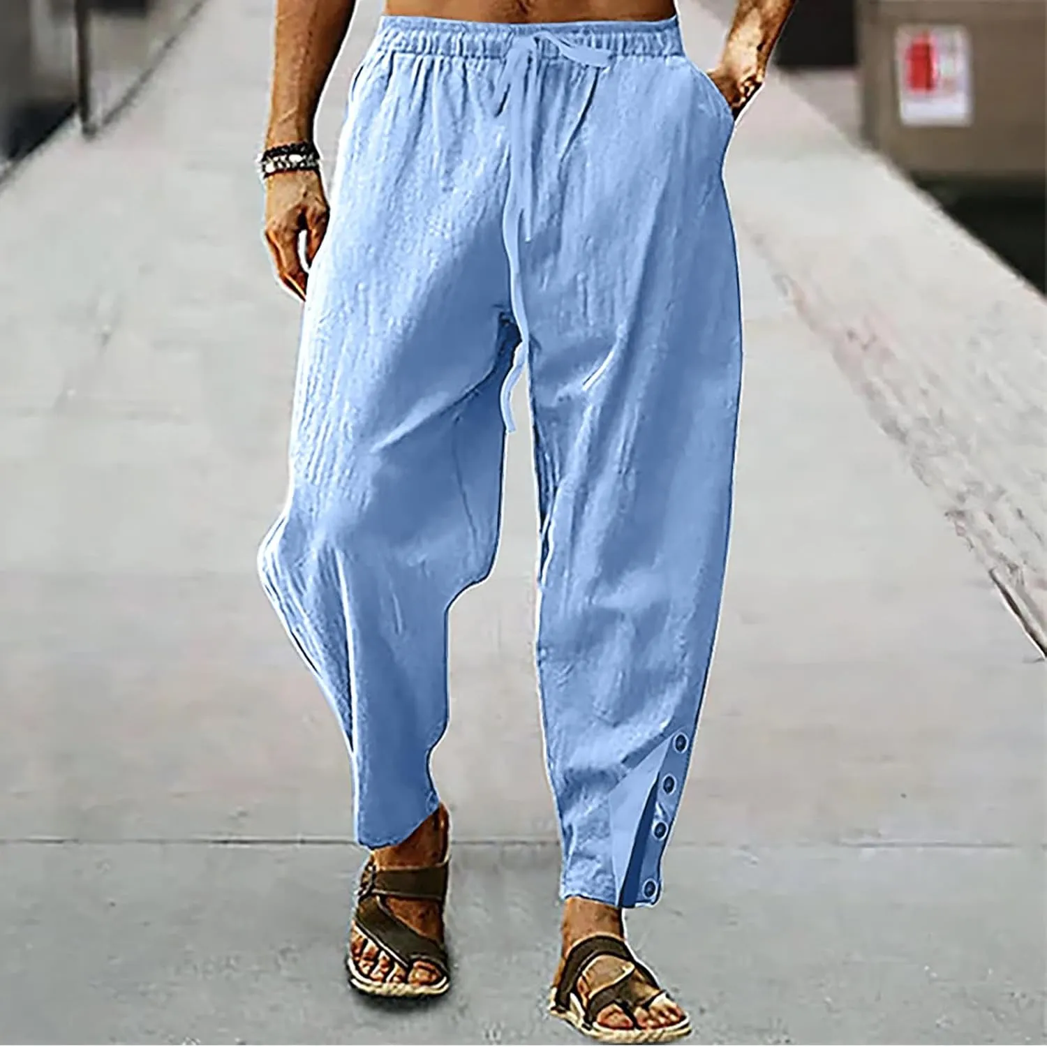 Baggy Linen Pants Men Drawstring Tapered Pants Elastic Waist Trousers Casual Summer Lounge Pants Lightweight Pants