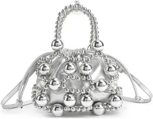 Beaded Evening Bag Beaded Evening Bag Women Versatile Crossbody Bag with Beaded Bracelets, Portable Work Bag(Silver)