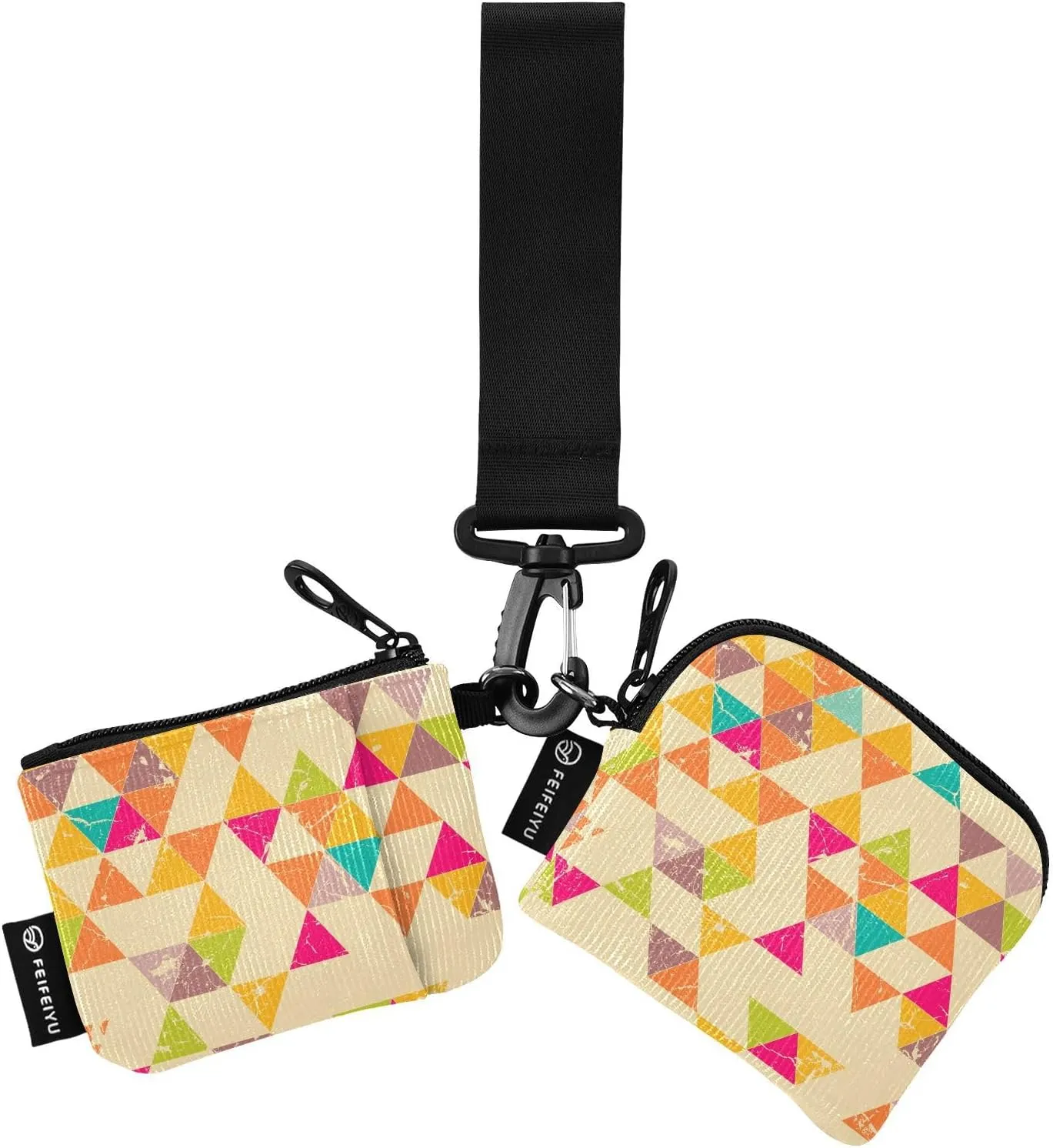 Beige Pink Yellow Triangles Grunge Wristlet Keychain Wallets for Women Portable Small Coin Purse