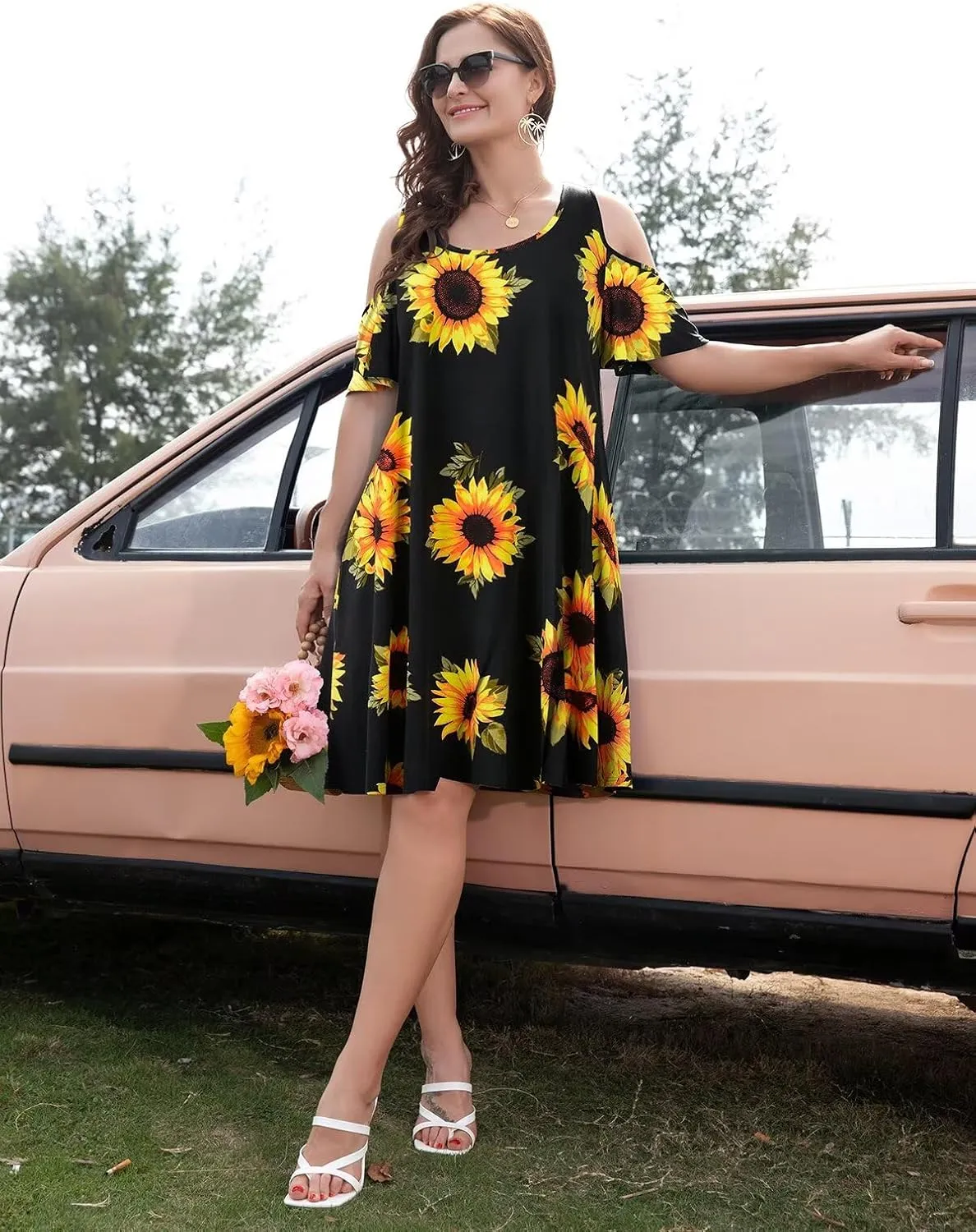 BELAROI Womens Plus Size Dresses Short Sleeve Cold Shoulder Casual T Shirt Swing Dress Summer Beach Sundress