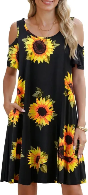 BELAROI Womens Plus Size Dresses Short Sleeve Cold Shoulder Casual T Shirt Swing Dress Summer Beach Sundress