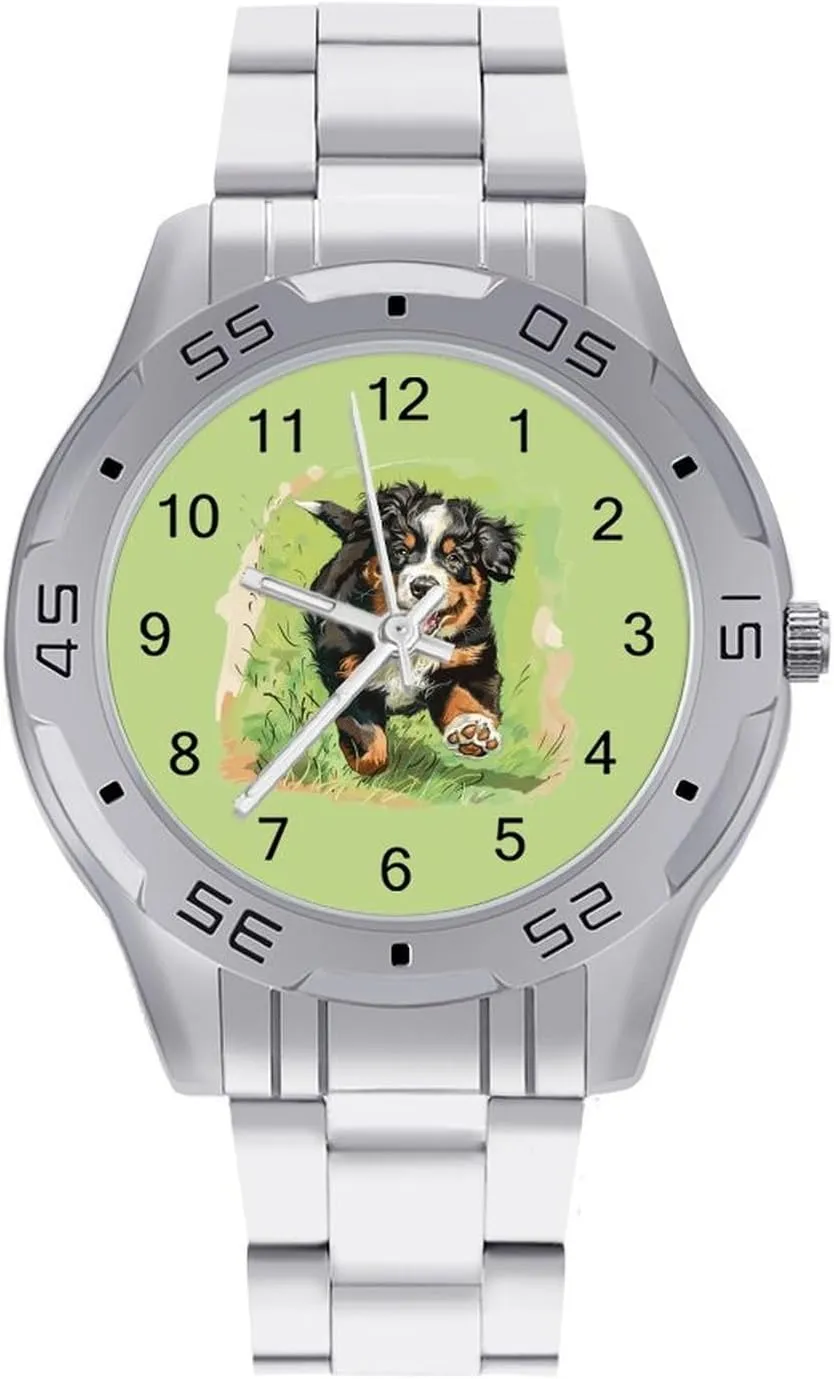 Bernese Mountain Puppies Classic Wrist Watches for Men Casual Business Dress Watch with Stainless Steel Band Work Party
