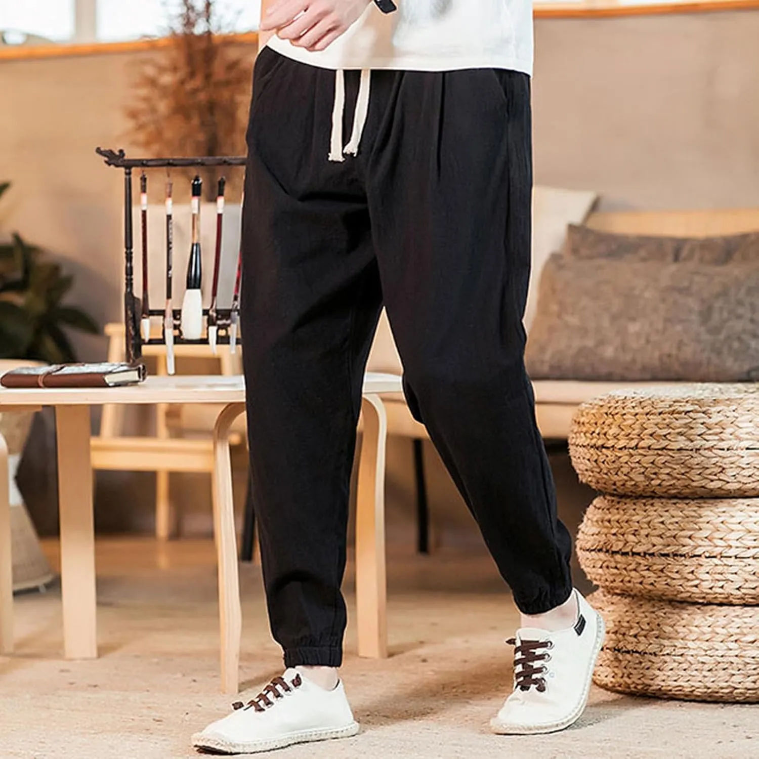 Big and Tall Linen Pants for Men Drawstring Loose Fit Joggers Elastic Waist Breathable Lounge Pants Summer Trousers